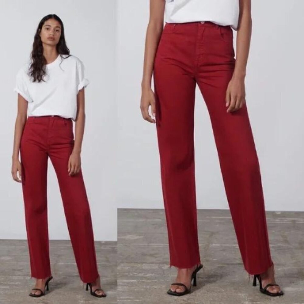 ZARA High Rise Straight Leg Frayed Denim Jeans 16607